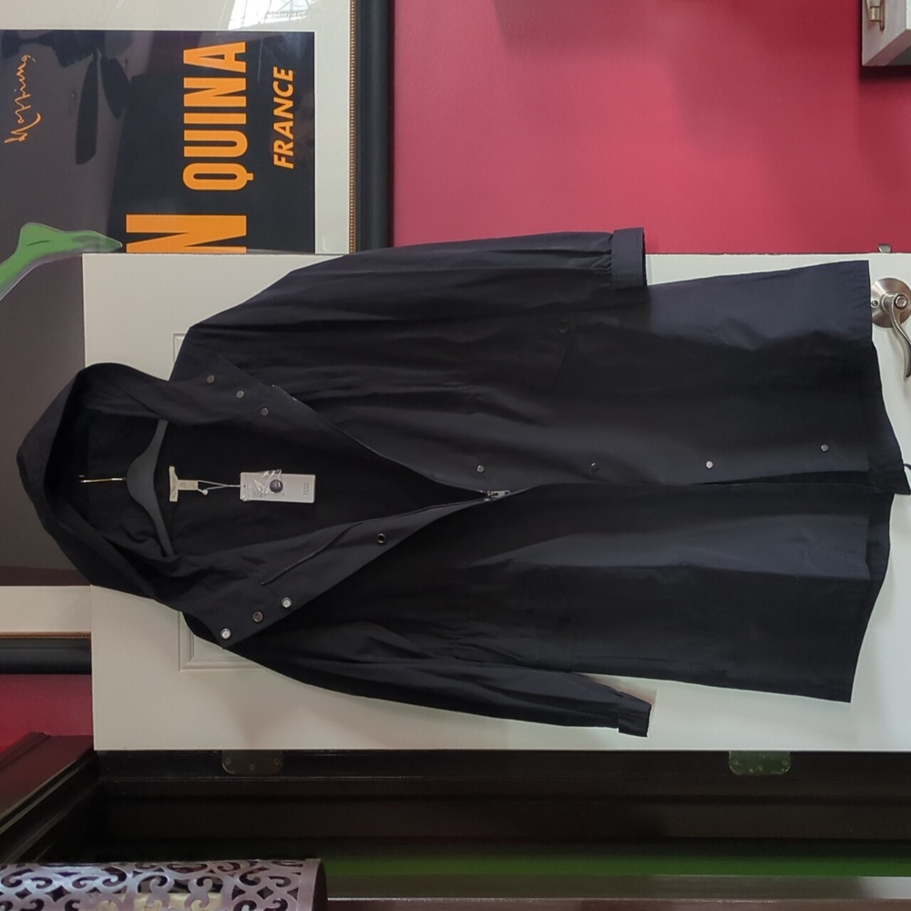 Eileen Fisher Hooded Black Lightweight Anorak Raincoat L NWT